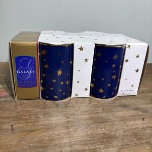 New Galaxy Holiday Celestial Whimsigoth Mugs Blue Gold Stars 14K Set Of 4